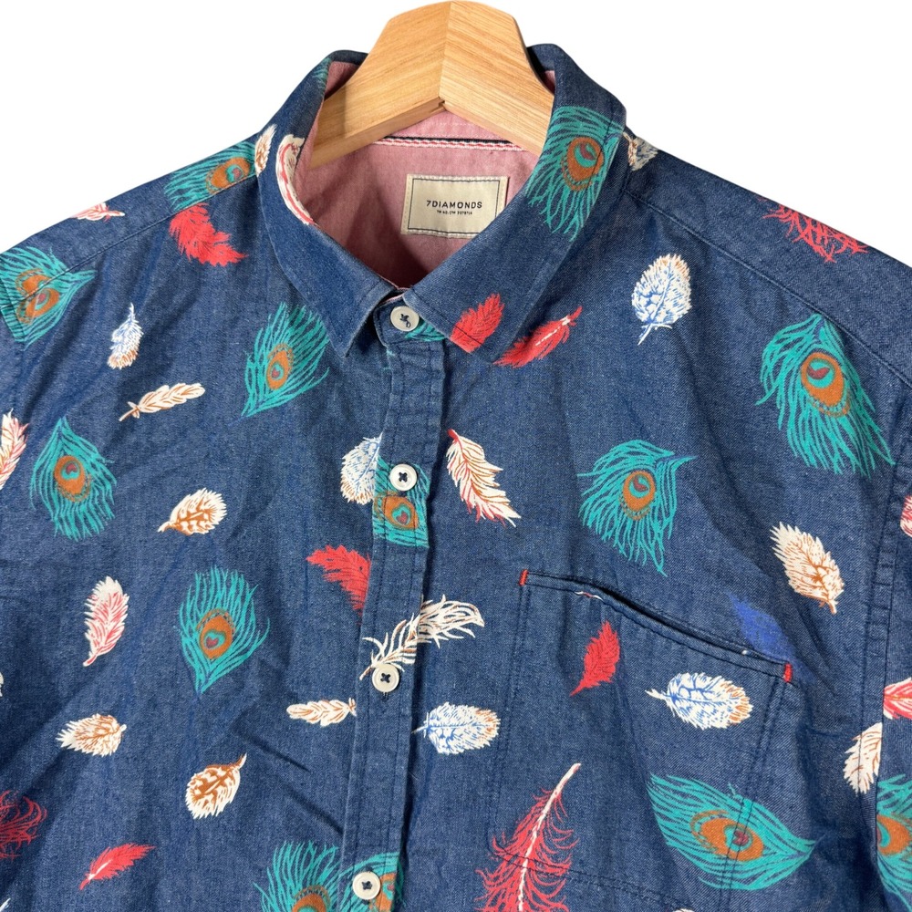 7Diamonds Moonage Daydream Peacock Feather Short Sleeve Button Up Shirt Mens M